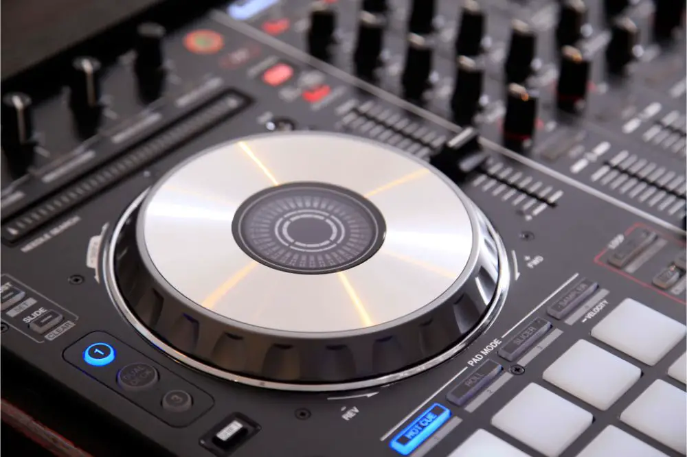 Closeup of dj controller with jog wheel