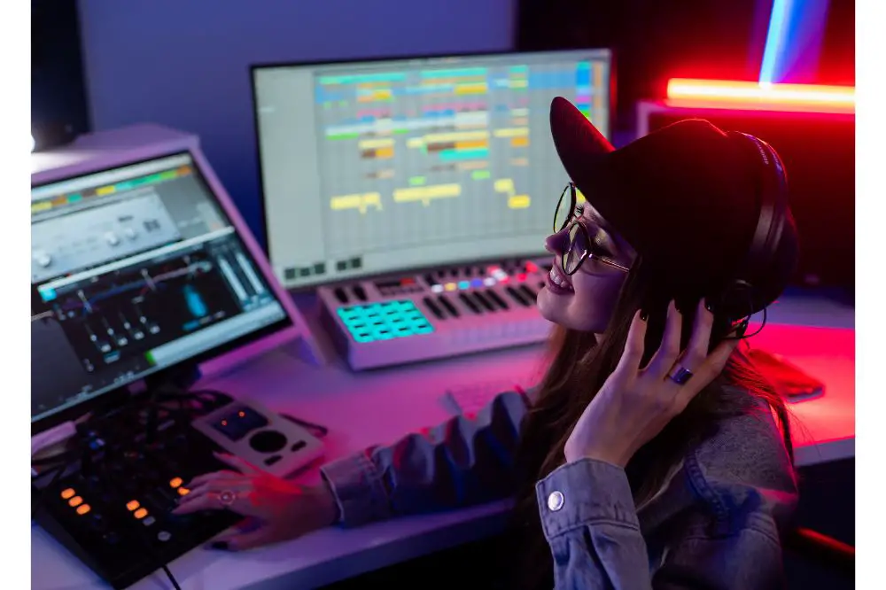  caucasian girl in stylish clothes works in a recording studio with neon light 